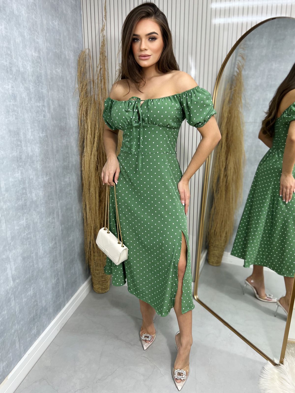 Vestido Midi Camponesa Poa Verde Menta