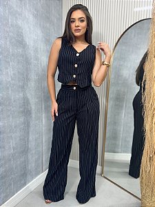 Conjunto Calca Pantalona e Colete Renata Risca De Giz Preto