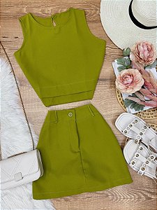 Conjunto Short-Saia e Cropped Priscila Verde Oliva