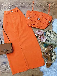 Conjunto Saia e Cropped Louise Laranja