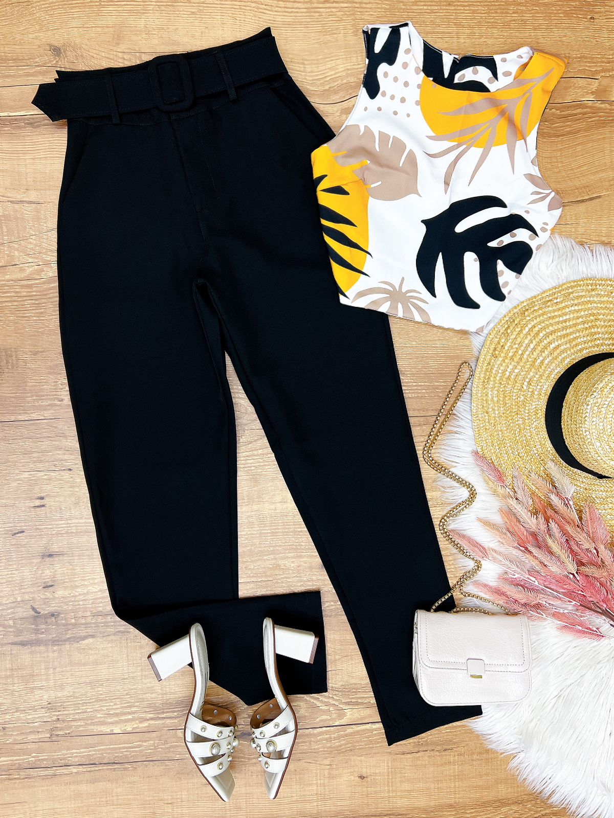 Conjunto Calca e Cropped Sibele Preto/Amarelo