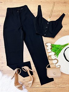 Conjunto Calca e Cropped Botao Any Preto