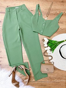 Conjunto Calca e Cropped Botao Any Verde