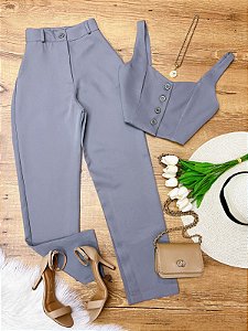 Conjunto Calca e Cropped Botao Any Cinza