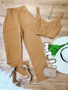 Conjunto Calca e Cropped Botao Any Mostarda