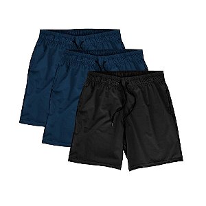 Kit 3 Shorts Masculinos Corrida Academia Praia Elastano Premium Tactel WSS Basic Azul e Preto