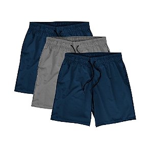 Kit 3 Shorts Masculinos Praia Corrida Academia Elastano Premium Tactel WSS Basic Azul e Cinza