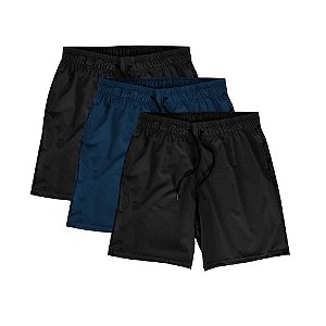Kit 3 Shorts Masculinos Praia Corrida Academia Elastano Premium Tactel WSS Basic Preto e Azul