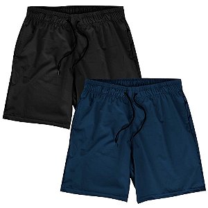 Kit 2 Shorts Masculino Praia Corrida Academia Elastano Premium Tactel WSS Basic Preto e Azul