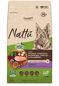 Premier Nattu Cães Senior Raças Medias Frango/Mandioca/Beterraba/Linhaça/Cranberry 10kg