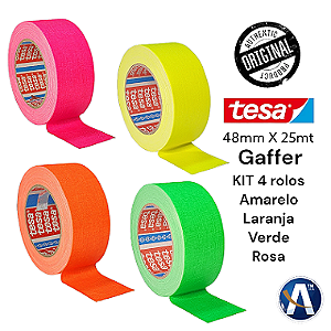 KIT 4 rls Fita Tecido Gaffer Tape Tesa 48mmX25m Fluorescente
