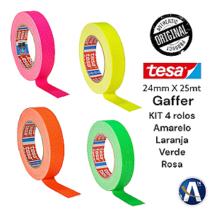KIT 4 rls Fita Tecido Gaffer Tape Tesa 24mmX25m Fluorescente