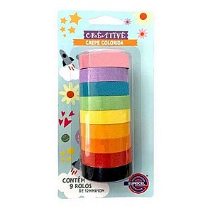 Kit Com 9 Rolos de Fita Crepe Colorida 12mmX10m