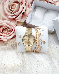 Relógio Feminino Dourado Brilha Brilha, acompanha Pulseira e Brincos 