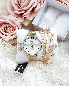 Relógio Feminino Dourado Abelha Rainha, acompanha Pulseira e Brincos. 