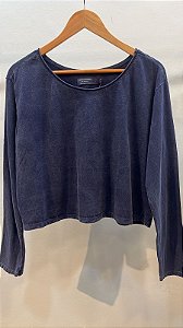 Cropped Capri Manga Longa Azul Marmo