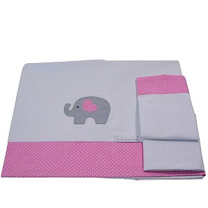 Lençol de Berço 3 Peças Elefante Rosa - Minha Casa Baby