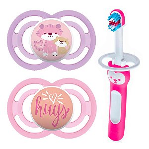 Escova Dental Mam Baby Brush Rosa + Chupeta Perfect Dupla