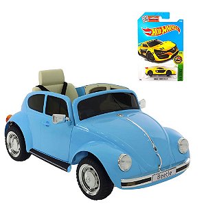 Carrinho Elétrico Beetle Azul e Carrinho Hot Wheels Sortido