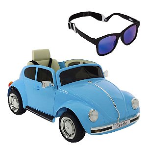 Carro Elétrico Beetle Azul e Óculos de Sol Preto com Alça