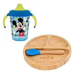 Prato Infantil De Bambu Com Ventosa Azul E Copo Mickey