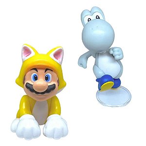 Kit Super Mario Boneco 2.5 Polegadas Mario Gato e Yoshi