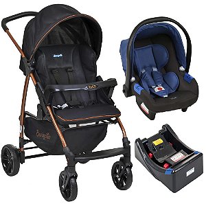 Carrinho de Bebê Ecco Preto Cobre Bebê Conforto Azul e Base