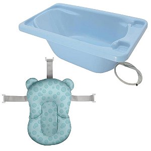 Banheira Plástica Rígida Azul e Almofada De Banho