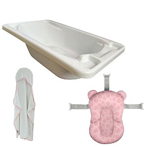 Banheira Plástica Branca com Almofada e Toalha de Banho Rosa