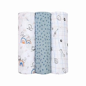 Kit Com 3 Cueiros Papi Mami Swaddle Soft Premium Dinos