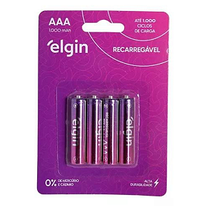 Pilha recarregável AAA 1000mAh Elgin com 4 unidades Palito