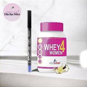 Mãe Fitness 2 - Whey 4Women c/ Colágeno Sabor Baunilha 908g - Sports Nutrition + Lápis SportEyepencil Azul - Pink Cheeks