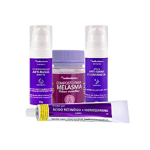 Kit Melasma - Cápsula Antioxidantes, Gel Ácido Retinóico + Hidroquinona, Sérum Antissinais e Sérum Anti-Rugas