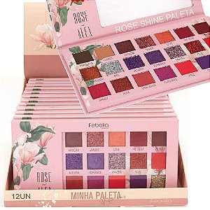 BOX - PALETA DE SOMBRAS 21 CORES FEBELLA - ROSE SHINE C/ 12 PEÇAS