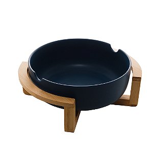 SALADEIRA PORCELANA C/SUPORTE BAMBU AZUL MATT