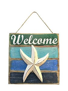 PLACA WELCOME C/ESTRELA EM MADEIRA DE BALI COM TONS DE AZUL