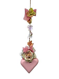 CORDAO FLORIDO COM CORACAO ROSA DECORATIVO SHABBY CHIC