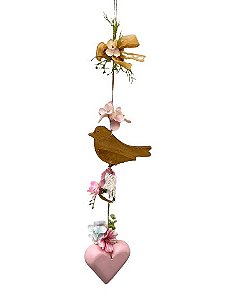 Mobili Decor com Passaro Natural Flores e Coracao Rosa