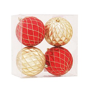 CJ 4 BOLAS DECORATIVAS VERMELHO E DOURADO