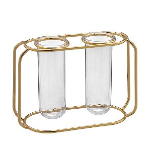 VASO TUBO DUPLO SKINNY EM VIDRO E METAL DOURADO