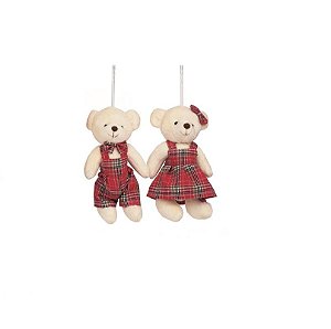 CASAL DE MINI URSO ARTICULADO XADREZ VERMELHO