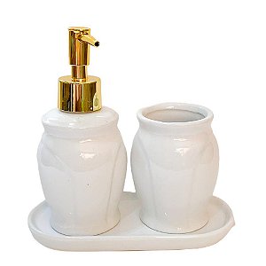 CJ 3PC P/BANHEIRO EM CERAMICA PARIS BRANCO E DOURADO 200ml