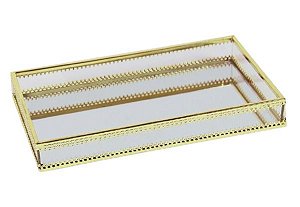 BANDEJA DECORATIVA EM VIDRO INCOLOR E METAL DOURADO G