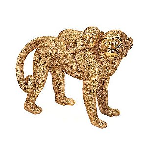 ESCULTURA DECORATIVA MACACO DOURADO C/ FILHOTE