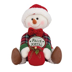 BONECO DE NEVE SENTADO COM CAMISA XADREZ E PRESENTE