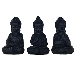 TRIO DE ESCULTURAS BUDA PRETO EM POSICOES DIFERENTES