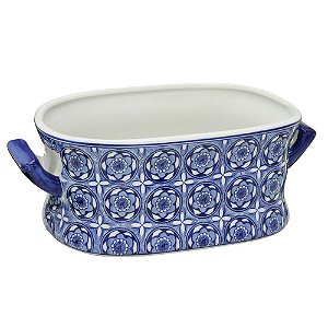 CACHEPOT DECORATIVO AZUL E BRANCO EM PORCELANA COM ALCA