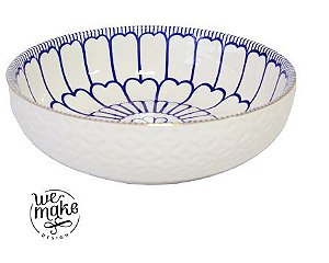 BOWL TIGELA EM PORCELANA BRANCO COM DESENHOS EM AZUL P