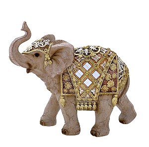 ESCULTURA ELEFANTE DECORATIVO COM DOURADO E PEDRAS