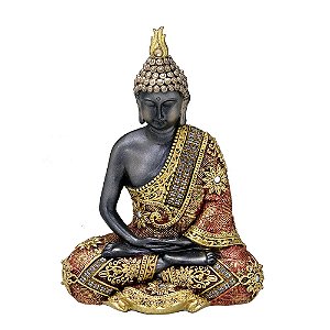 ESCULTURA BUDA DECORATIVO PRETO E DOURADO EM RESINA MOD 3